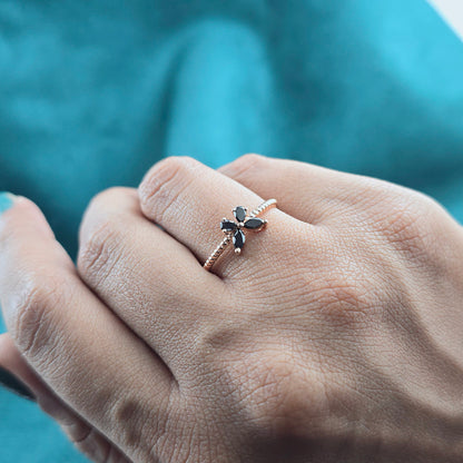 Butterfly Ring with Black Crystals – Textured Band Beauty