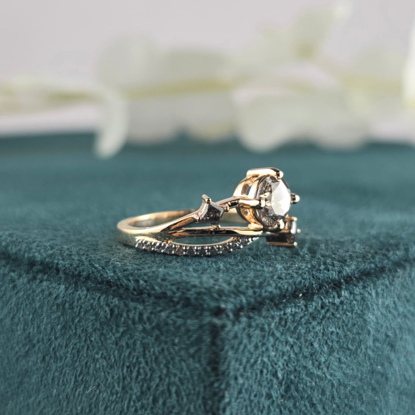 Raw Elegance – Round & Princess Salt and Pepper Diamond Ring