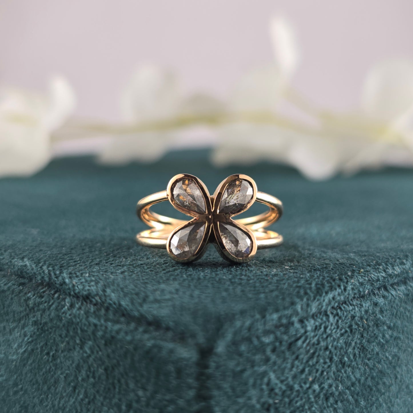 Pear Cut Diamond Flower Ring: 10k Rose Gold, Salt & Pepper Diamond