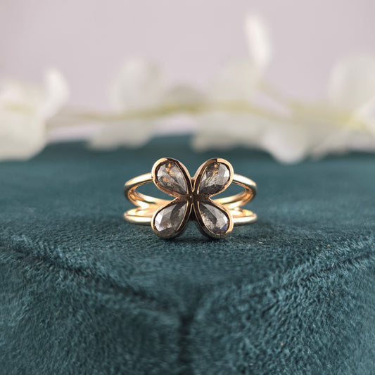 Pear Cut Diamond Flower Ring: 10k Rose Gold, Salt & Pepper Diamond