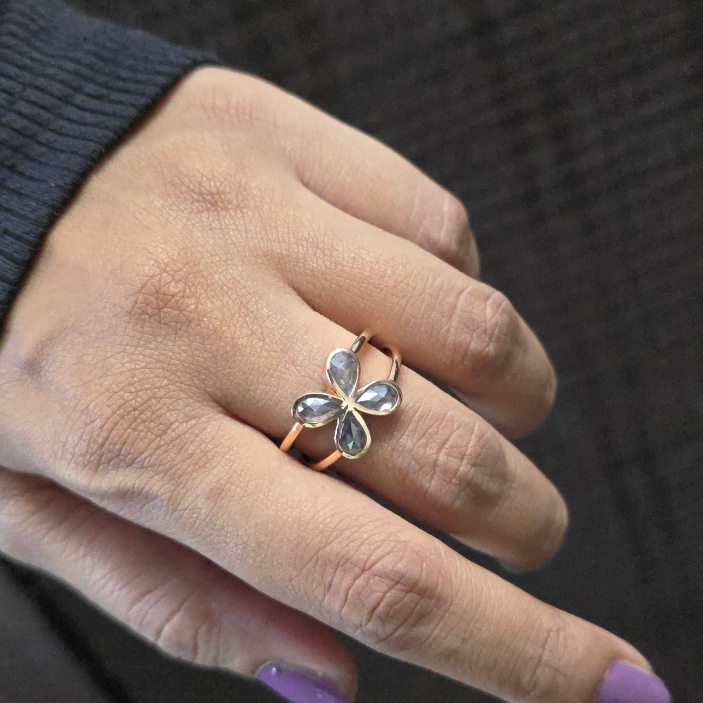 Pear Cut Diamond Flower Ring: 10k Rose Gold, Salt & Pepper Diamond