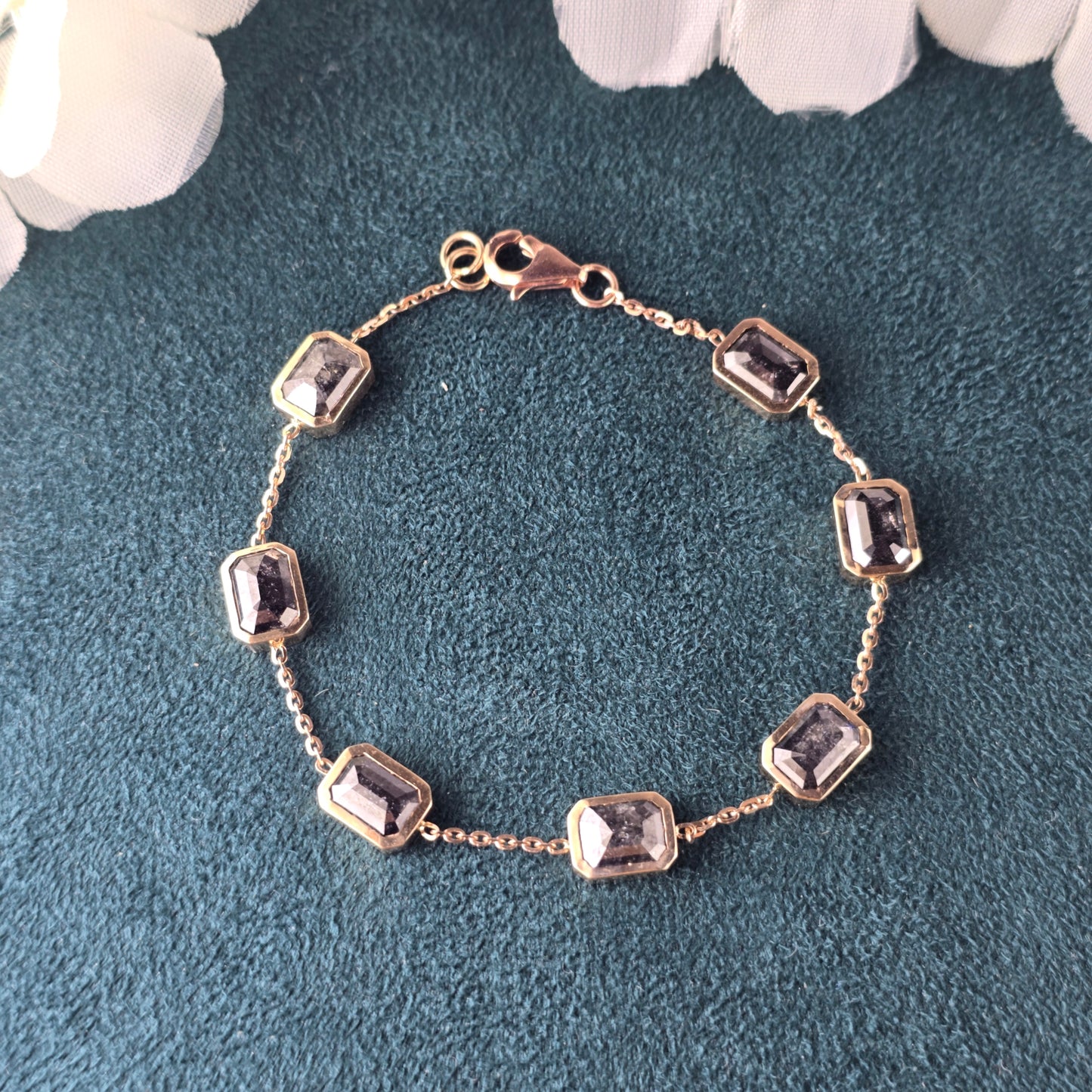 Raw Diamond Bracelet | Rose Gold Emrald Cut Bracelet | Dainty Handmade Jewelry | Salt and pepper Diamond Gift for Her