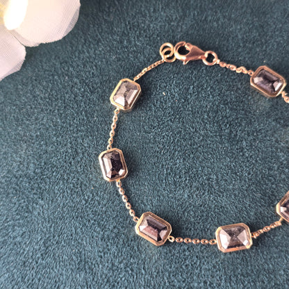 Raw Diamond Bracelet | Rose Gold Emrald Cut Bracelet | Dainty Handmade Jewelry | Salt and pepper Diamond Gift for Her