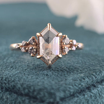 Salt and Pepper Hexagon Diamond Engagement Ring in Gold