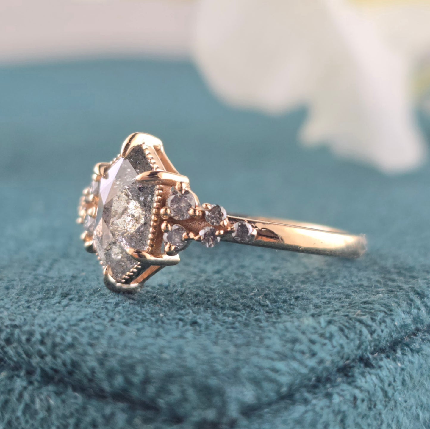 Salt and Pepper Hexagon Diamond Engagement Ring in Gold