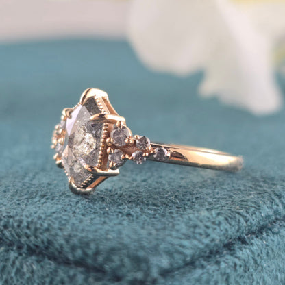 Salt and Pepper Hexagon Diamond Engagement Ring in Gold