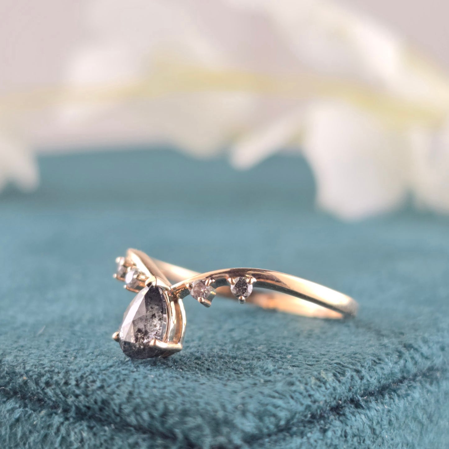 Salt and Pepper Pear and Round Diamond Engagement Ring in Gold