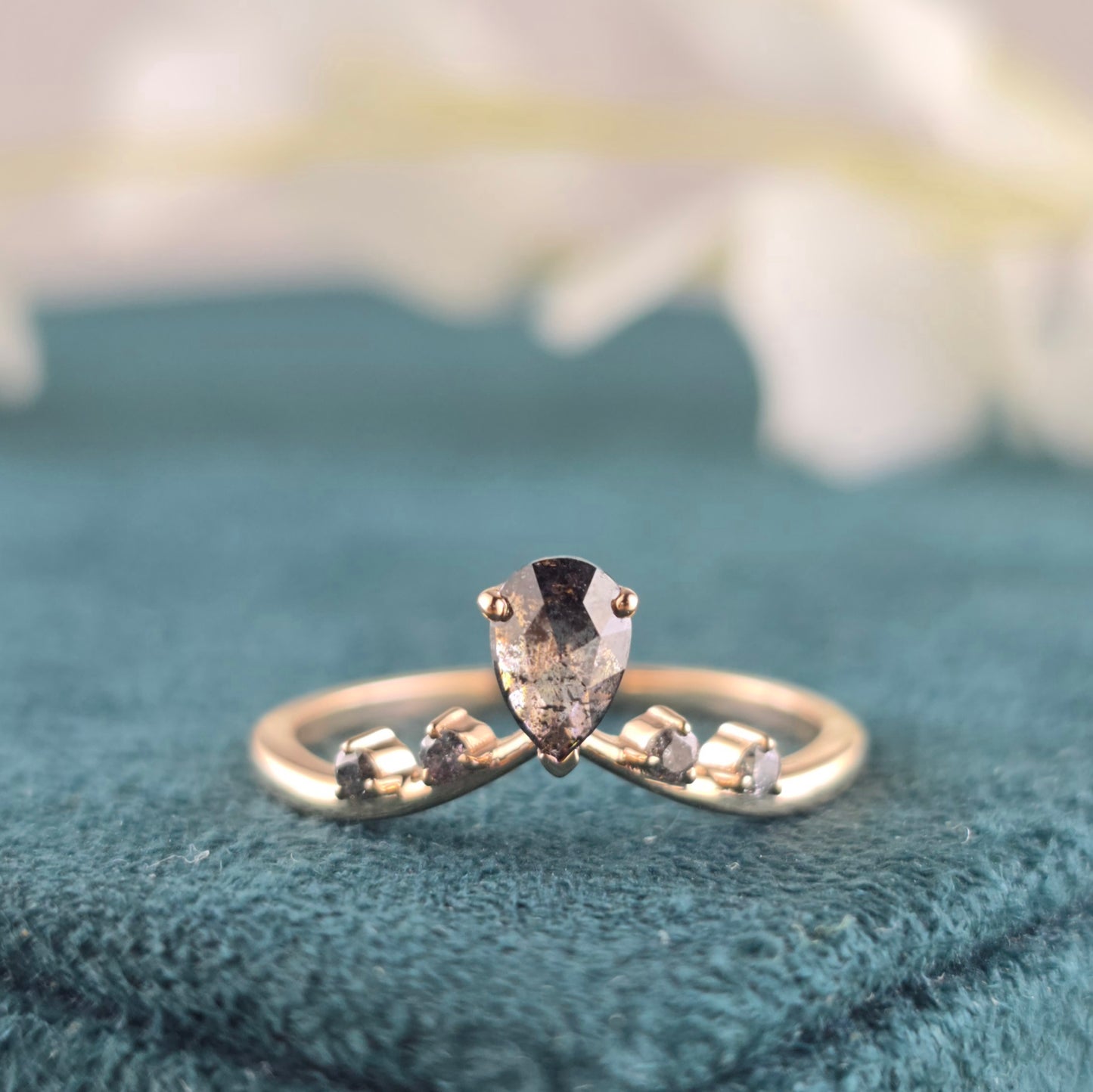 Salt and Pepper Pear and Round Diamond Engagement Ring in Gold