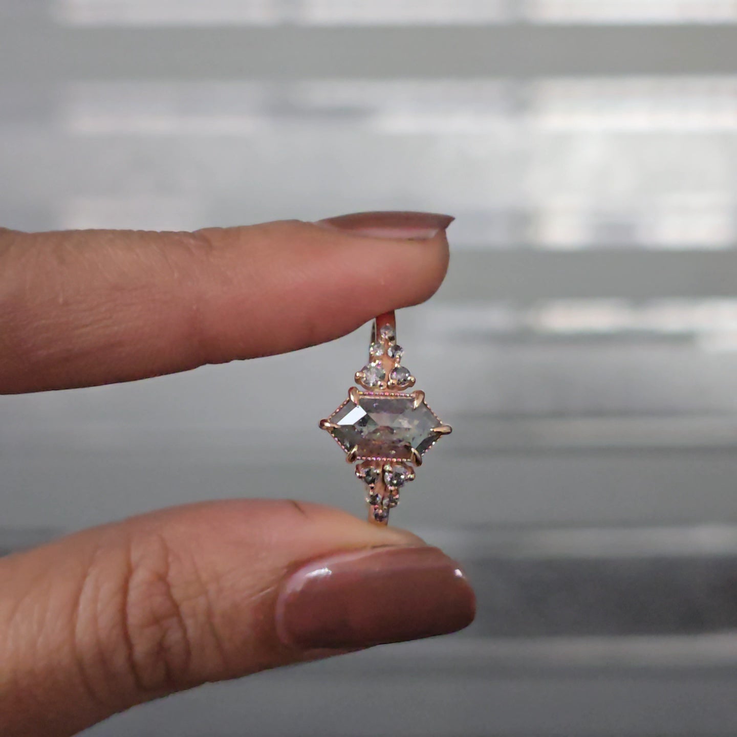 Salt and Pepper Hexagon Diamond Engagement Ring in Gold