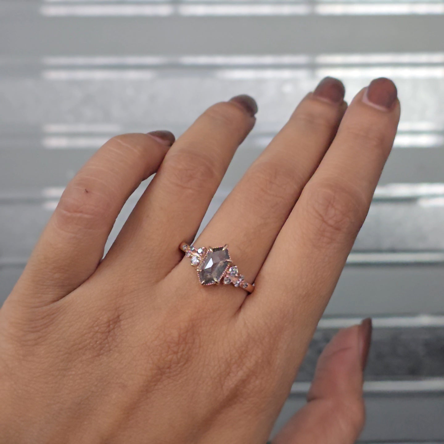 Salt and Pepper Hexagon Diamond Engagement Ring in Gold