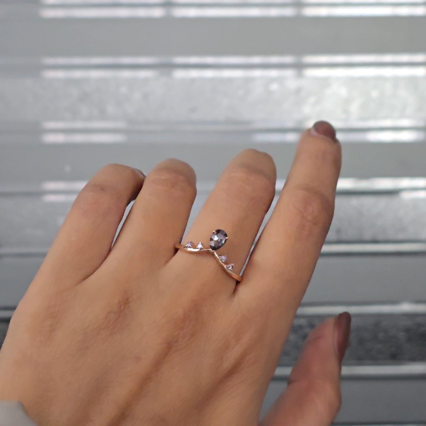 Salt and Pepper Pear and Round Diamond Engagement Ring in Gold