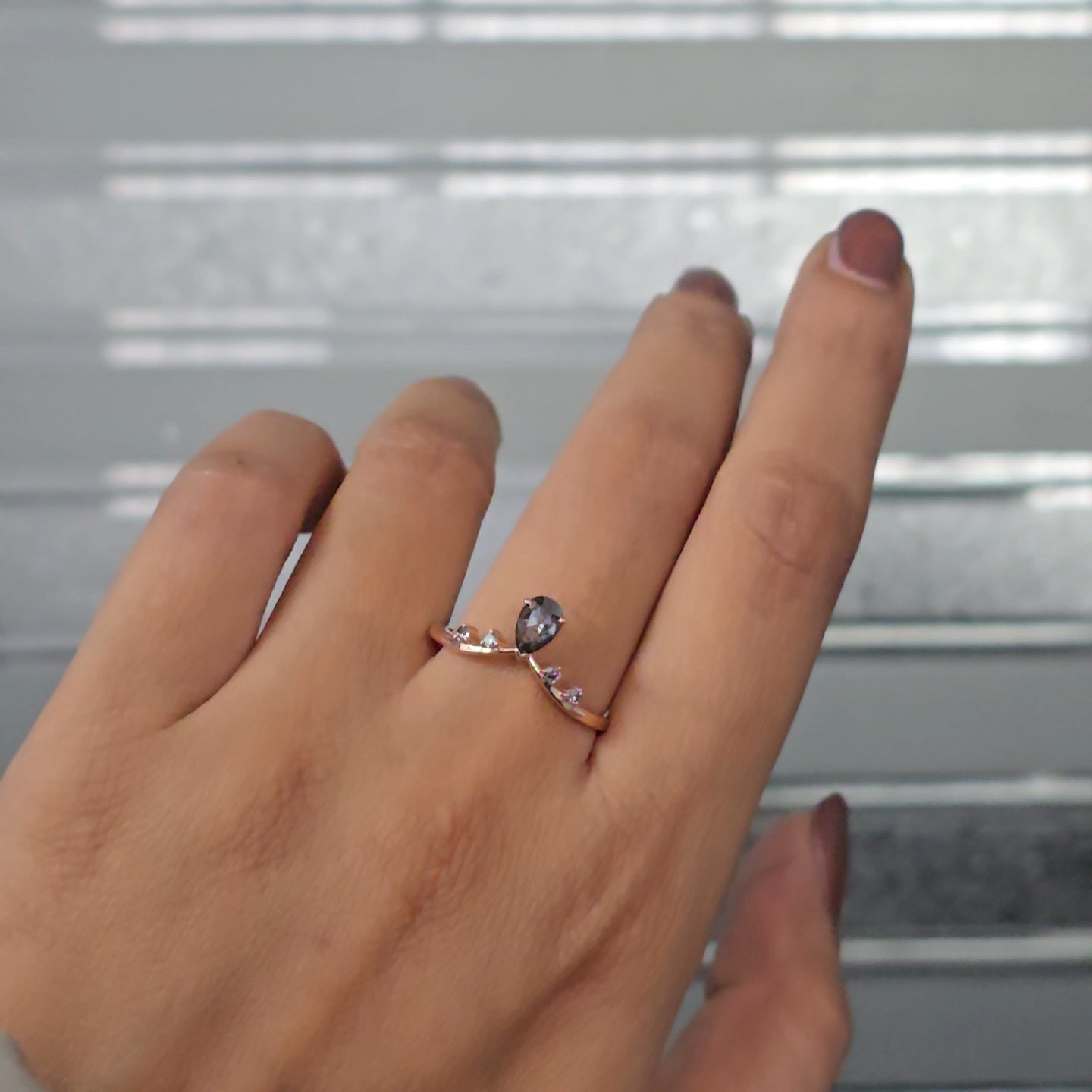 Salt and Pepper Pear and Round Diamond Engagement Ring in Gold