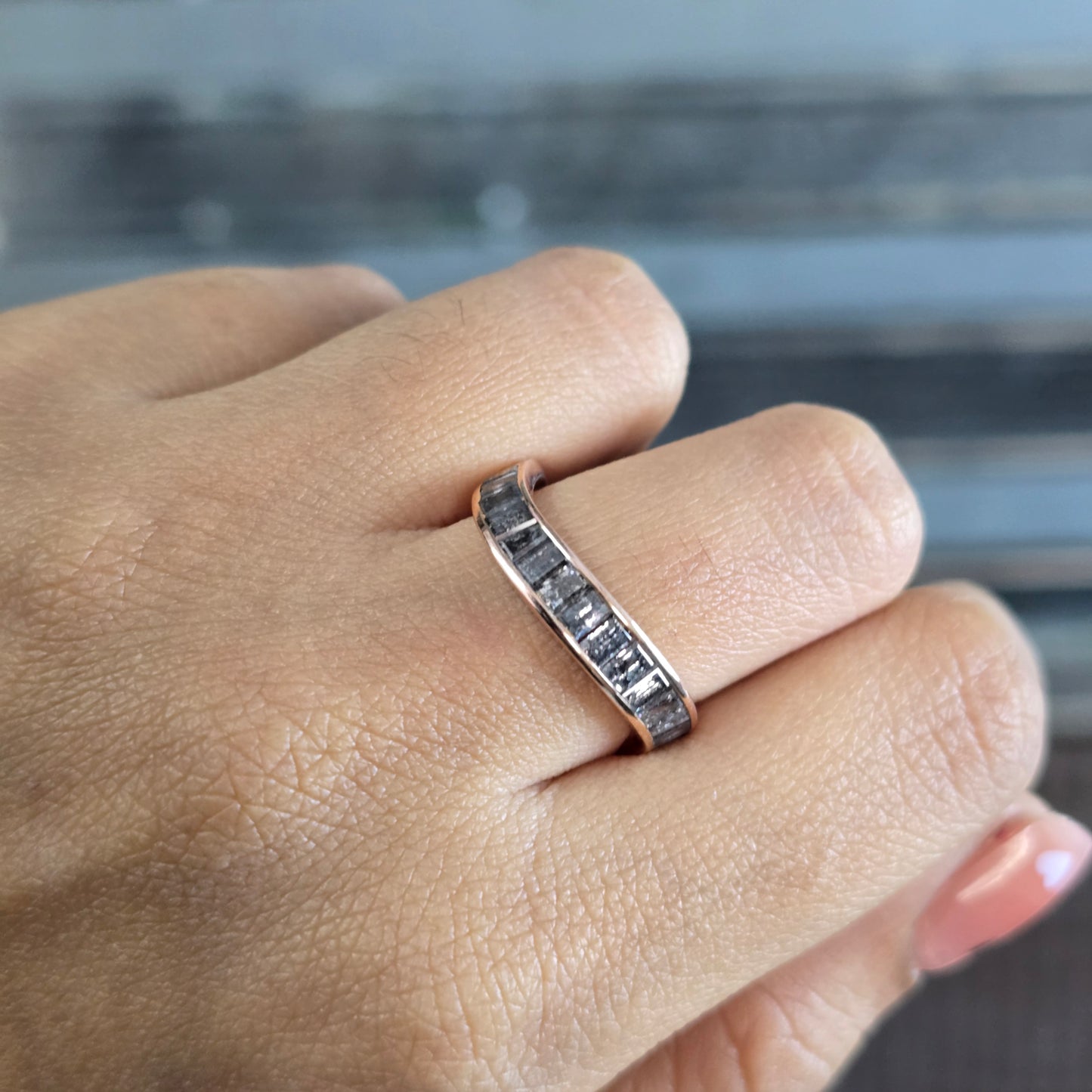 Salt and Pepper Baguette Diamond Wedding Band in Rose Gold