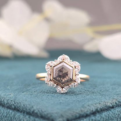 1.20CT Hexagon Diamond Ring, 0.36ct Marquise Side Stone Ring, Unique Hexagon Engagement Ring