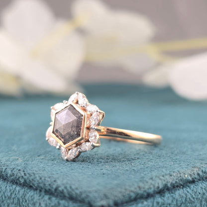 1.20CT Hexagon Diamond Ring, 0.36ct Marquise Side Stone Ring, Unique Hexagon Engagement Ring