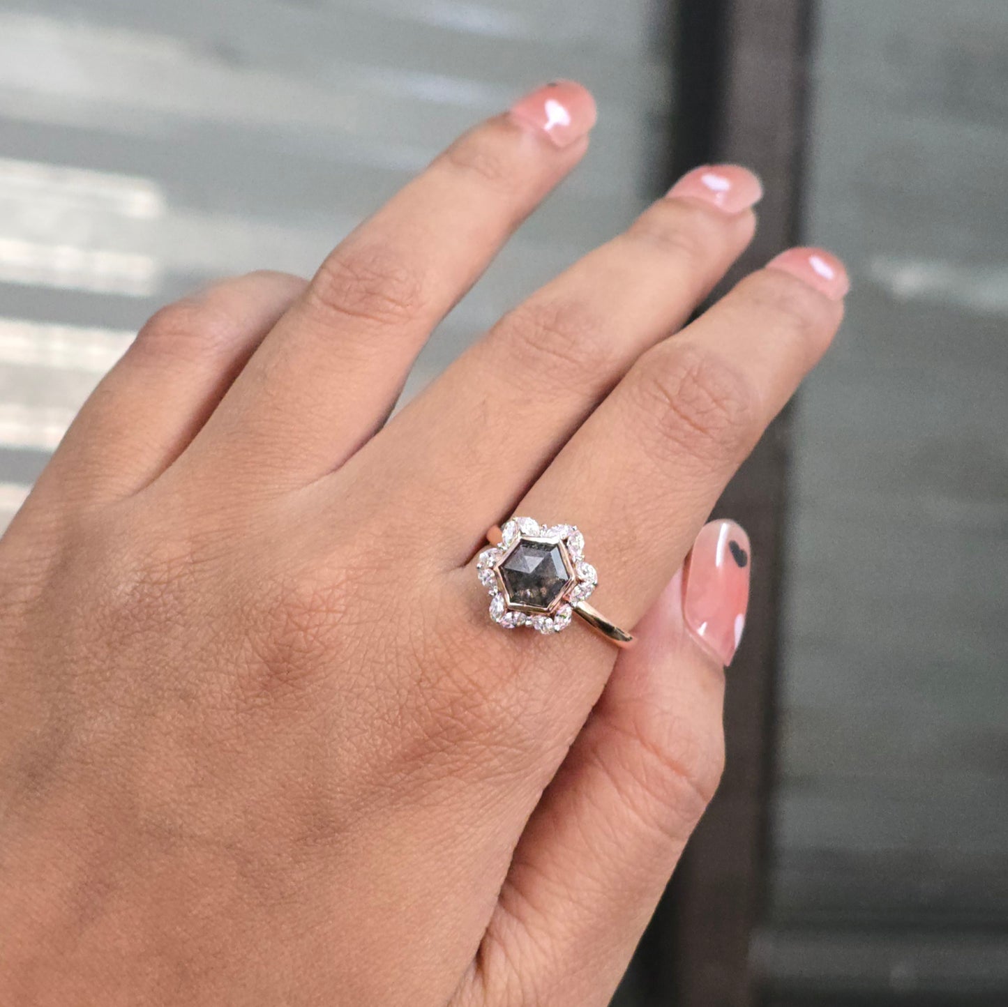 1.20CT Hexagon Diamond Ring, 0.36ct Marquise Side Stone Ring, Unique Hexagon Engagement Ring