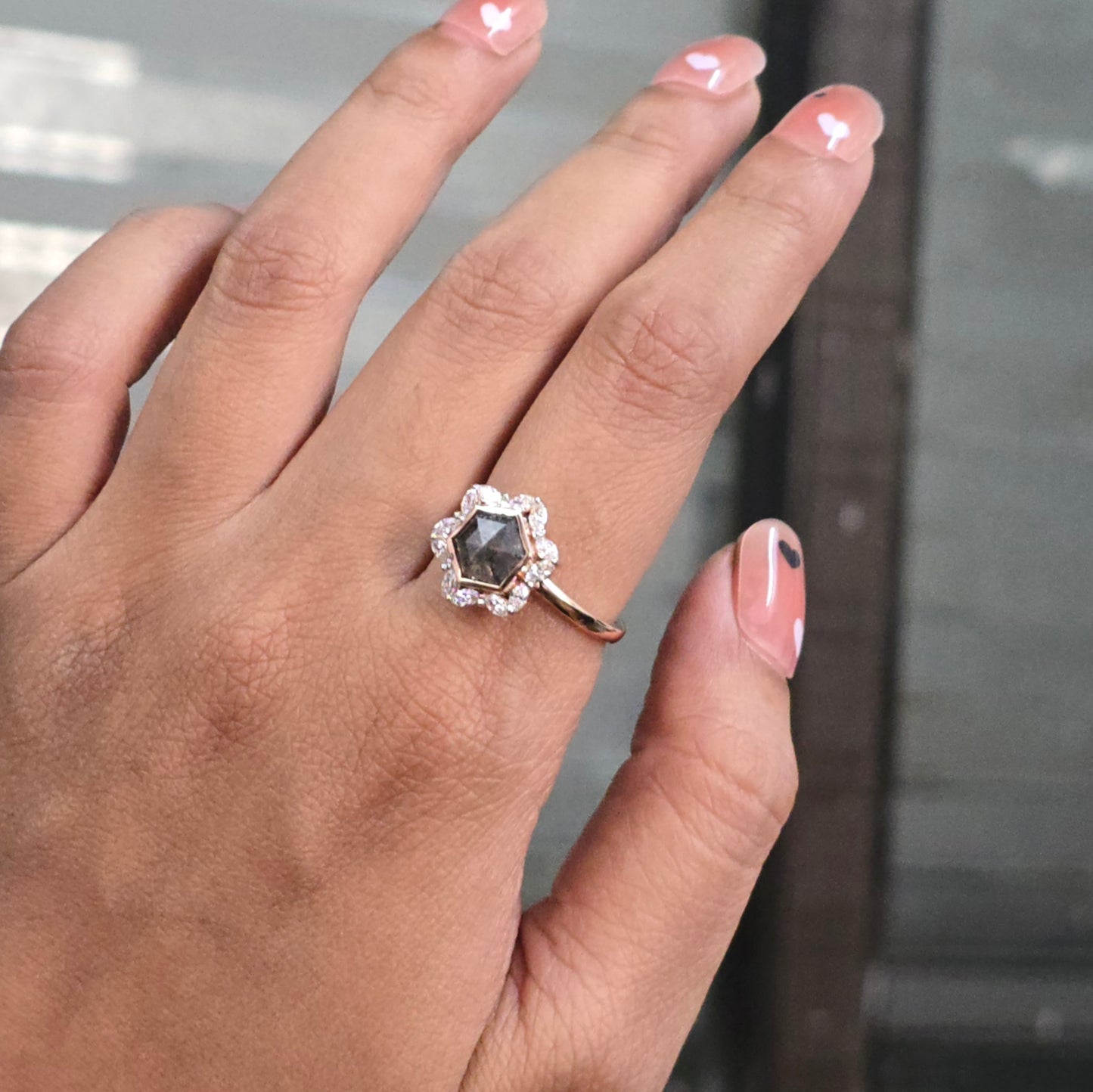 1.20CT Hexagon Diamond Ring, 0.36ct Marquise Side Stone Ring, Unique Hexagon Engagement Ring