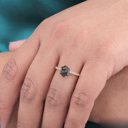 Hexagon Salt and Pepper Diamond Ring Rose Gold | Unique Engagement Ring | Geometric Diamond Ring | Alternative Bridal Ring