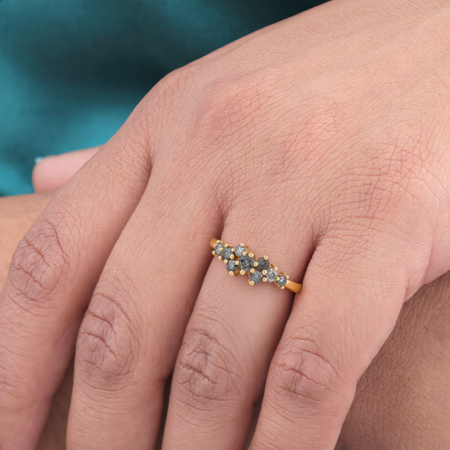 Salt and Pepper Diamond Cluster Ring Yellow Gold | Round Diamond Ring | Unique Engagement Ring | Minimalist Diamond Ring