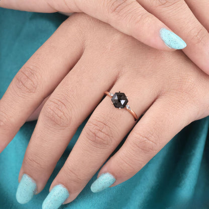 Hexagon Salt and Pepper Diamond Ring Rose Gold | Unique Engagement Ring | Geometric Diamond Ring | Alternative Bridal Ring