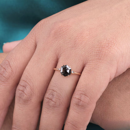 Hexagon Salt and Pepper Diamond Ring Rose Gold | Unique Engagement Ring | Geometric Diamond Ring | Alternative Bridal Ring