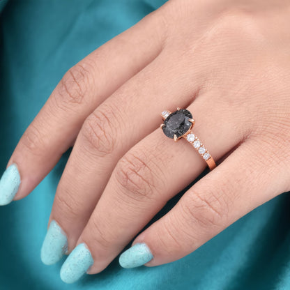 Oval Salt and Pepper Diamond Ring Rose Gold | Unique Engagement Ring | Minimalist Diamond Ring | Alternative Bridal Ring