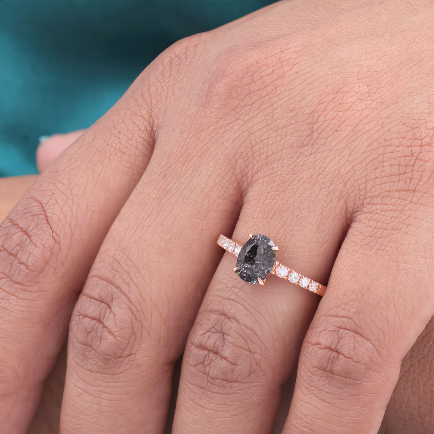 Oval Salt and Pepper Diamond Ring Rose Gold | Unique Engagement Ring | Minimalist Diamond Ring | Alternative Bridal Ring
