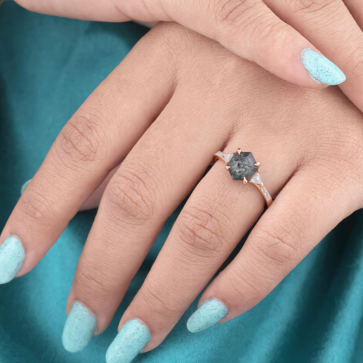 Hexagon Salt & Pepper Engagement Ring – Rose Gold Geometric Bridal Jewelry