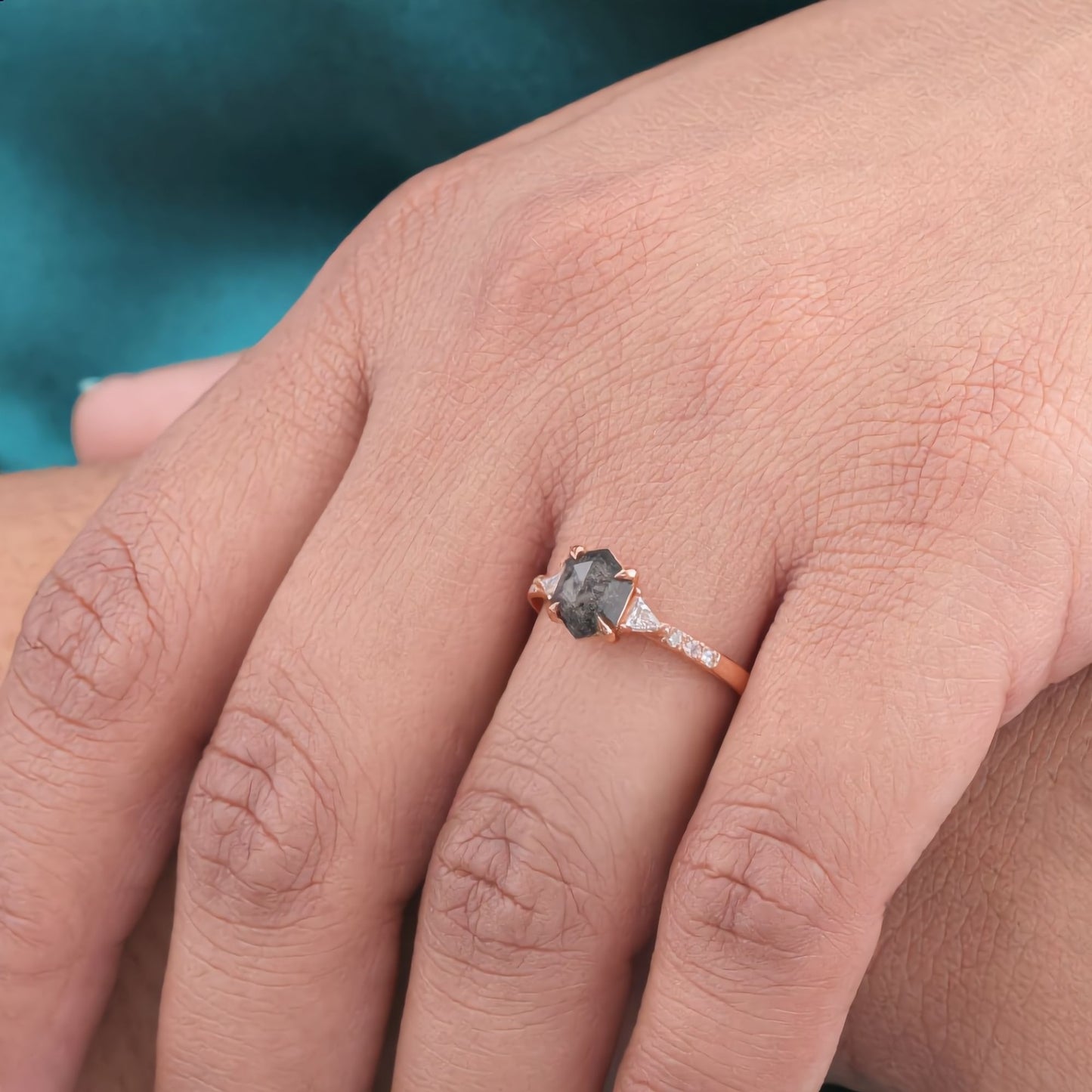Hexagon Salt & Pepper Engagement Ring – Rose Gold Geometric Bridal Jewelry
