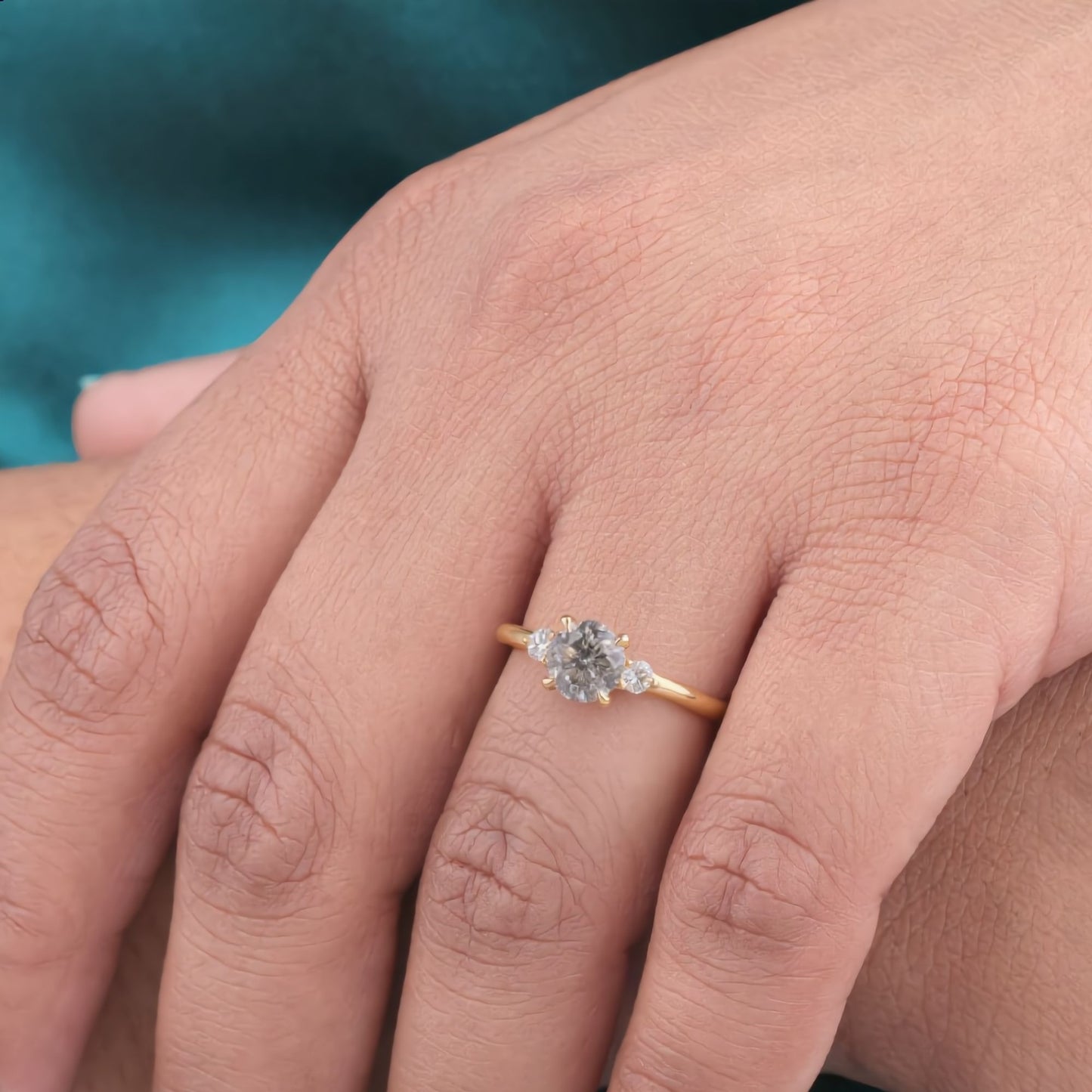 Round Salt and Pepper Diamond Ring Yellow Gold | Three Stone Engagement Ring | Unique Diamond Ring | Alternative Bridal Ring