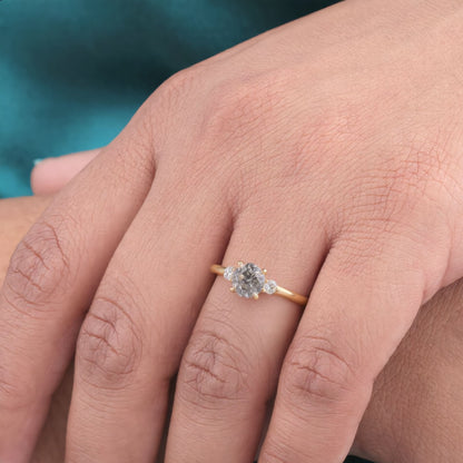 Round Salt and Pepper Diamond Ring Yellow Gold | Three Stone Engagement Ring | Unique Diamond Ring | Alternative Bridal Ring