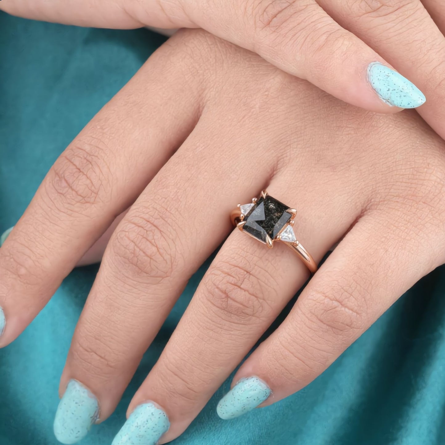 Emerald Salt and Pepper Diamond Ring Rose Gold | Geometric Engagement Ring | Unique Diamond Ring | Alternative Bridal Ring