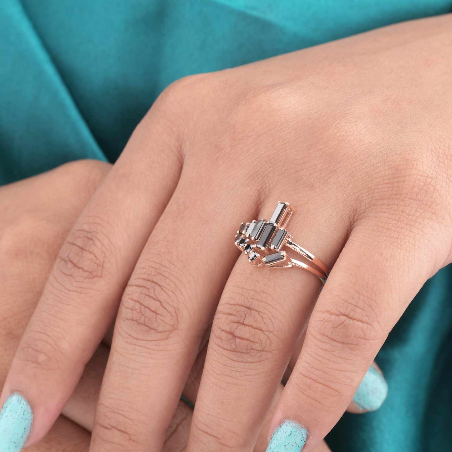 Black Diamond Ring in Rose Gold – Round & Baguette Cut