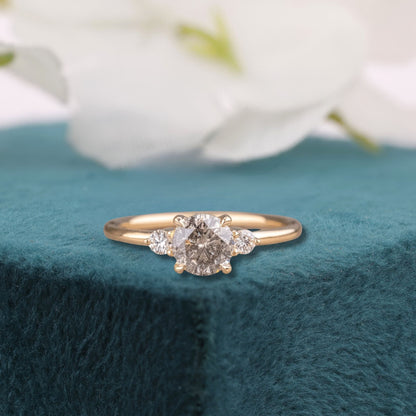 Round Salt and Pepper Diamond Ring Yellow Gold | Three Stone Engagement Ring | Unique Diamond Ring | Alternative Bridal Ring