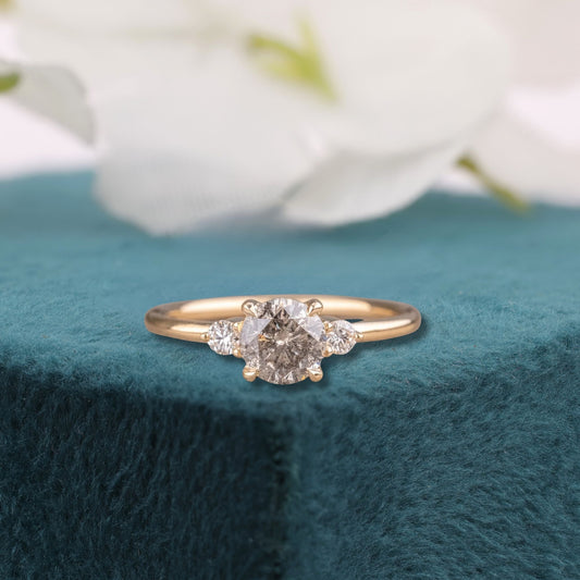 Round Salt and Pepper Diamond Ring Yellow Gold | Three Stone Engagement Ring | Unique Diamond Ring | Alternative Bridal Ring