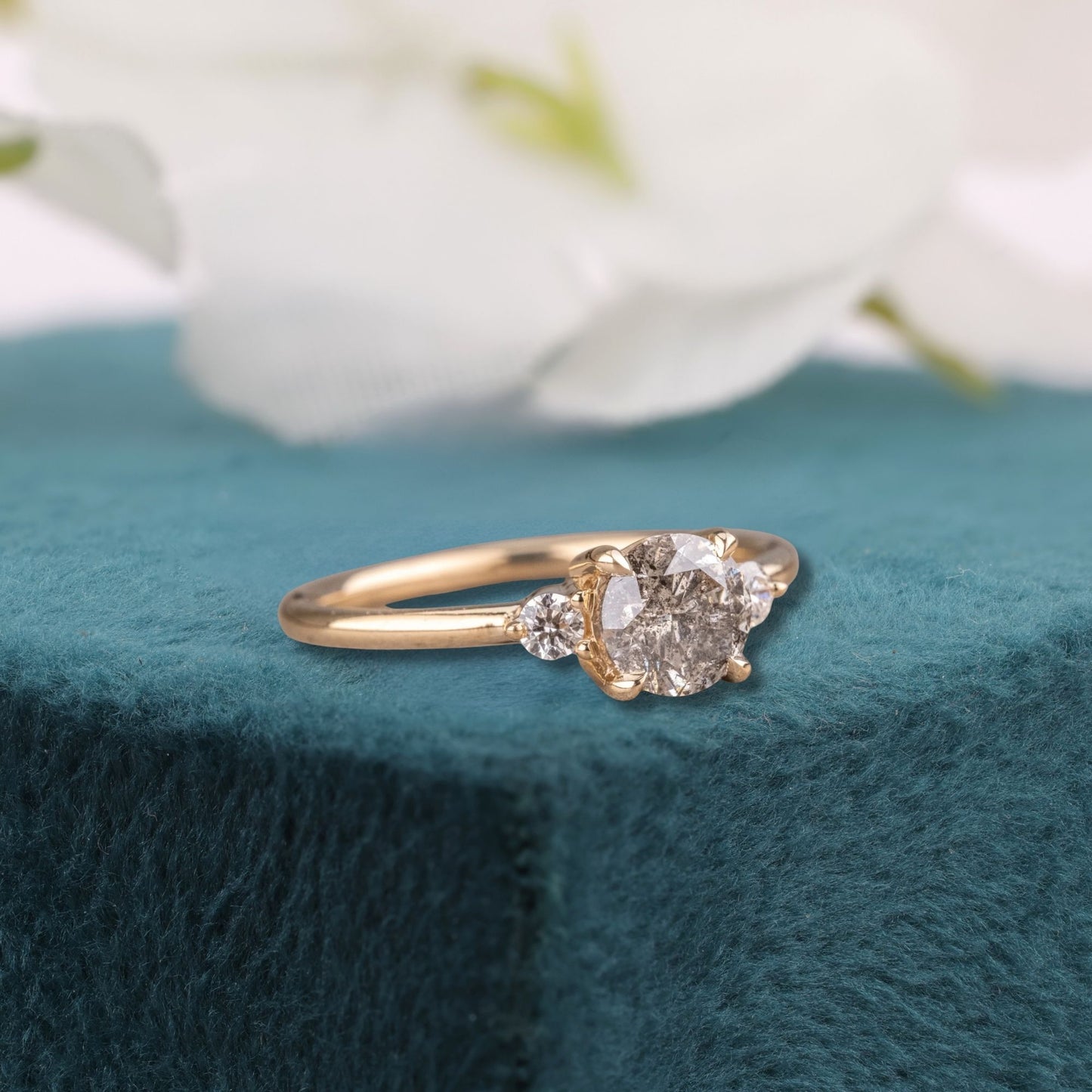 Round Salt and Pepper Diamond Ring Yellow Gold | Three Stone Engagement Ring | Unique Diamond Ring | Alternative Bridal Ring