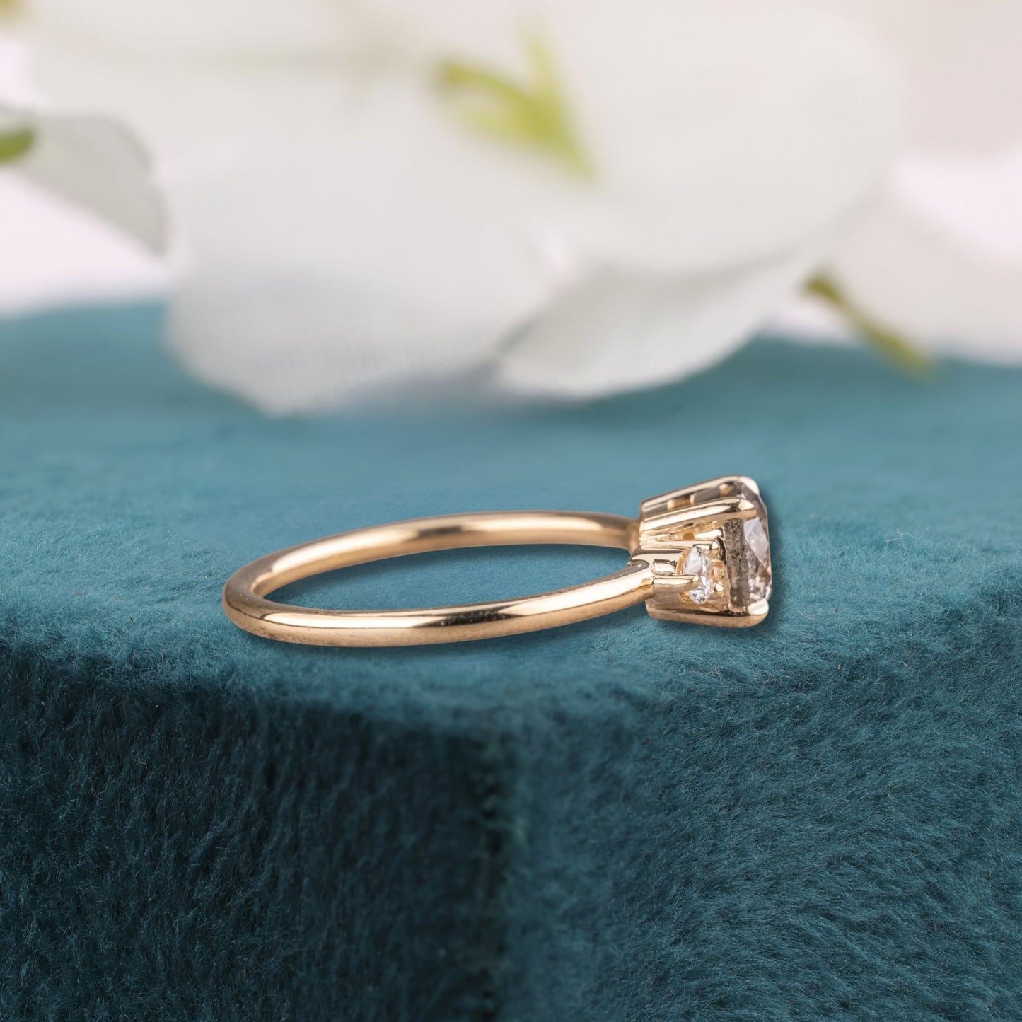 Round Salt and Pepper Diamond Ring Yellow Gold | Three Stone Engagement Ring | Unique Diamond Ring | Alternative Bridal Ring