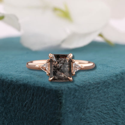 Emerald Salt and Pepper Diamond Ring Rose Gold | Geometric Engagement Ring | Unique Diamond Ring | Alternative Bridal Ring