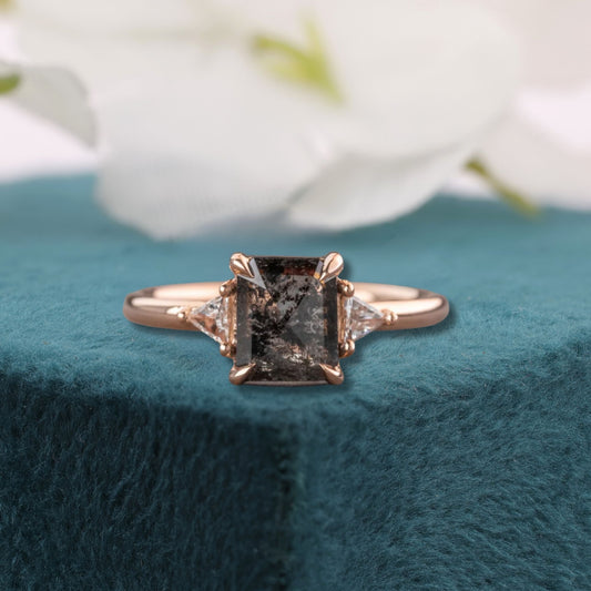 Emerald Salt and Pepper Diamond Ring Rose Gold | Geometric Engagement Ring | Unique Diamond Ring | Alternative Bridal Ring
