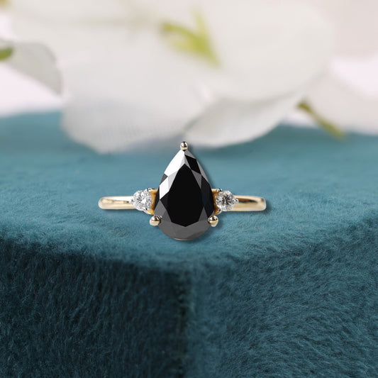 Black Pear Diamond Ring Yellow Gold | Gothic Engagement Ring | Alternative Bridal Ring | Unique Diamond Ring | Modern Statement Jewelry