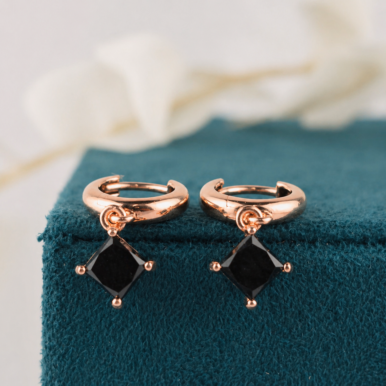 Modern Black Diamond Drop Hoops – 10K Rose Gold Huggies