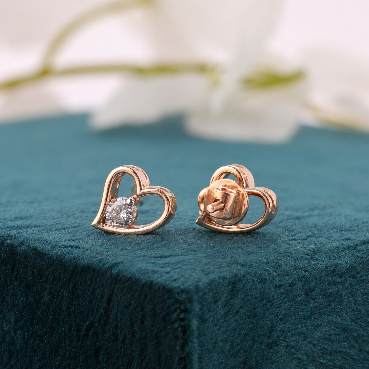 Rose Gold Heart Earrings – Dainty Diamond Studs