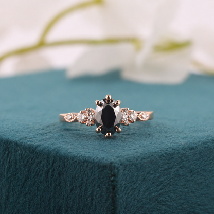 Rose Gold Black Diamond Ring – Oval Cut with White Stone Accents