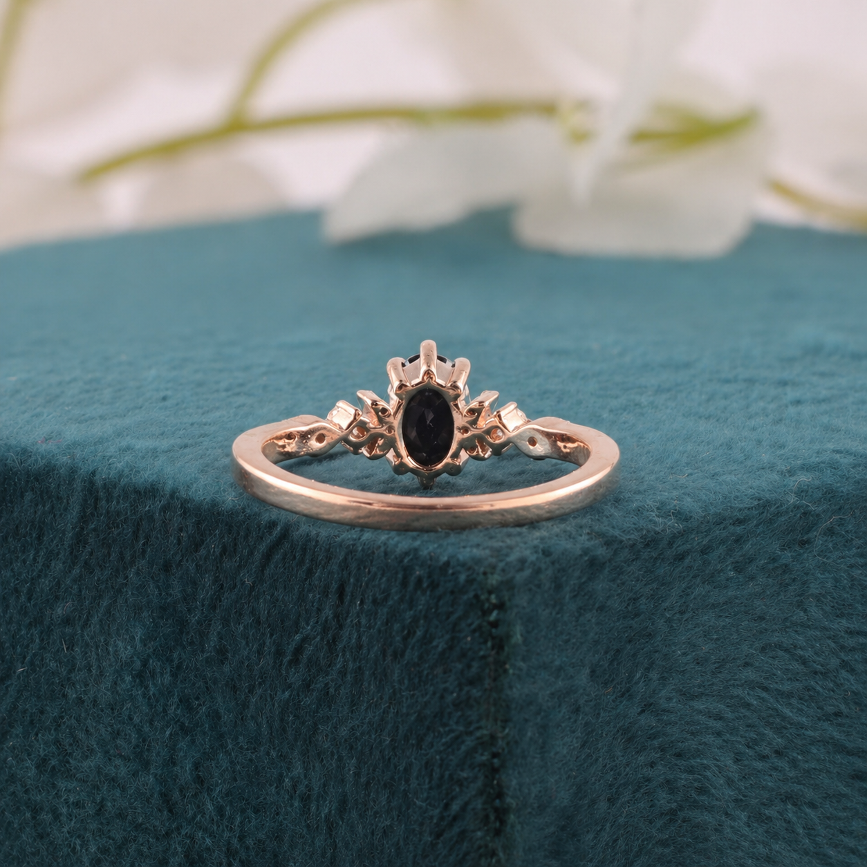 Rose Gold Black Diamond Ring – Oval Cut with White Stone Accents