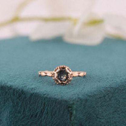 Dendritic Agate Solitaire in Rose Gold – Vintage Floral Ring