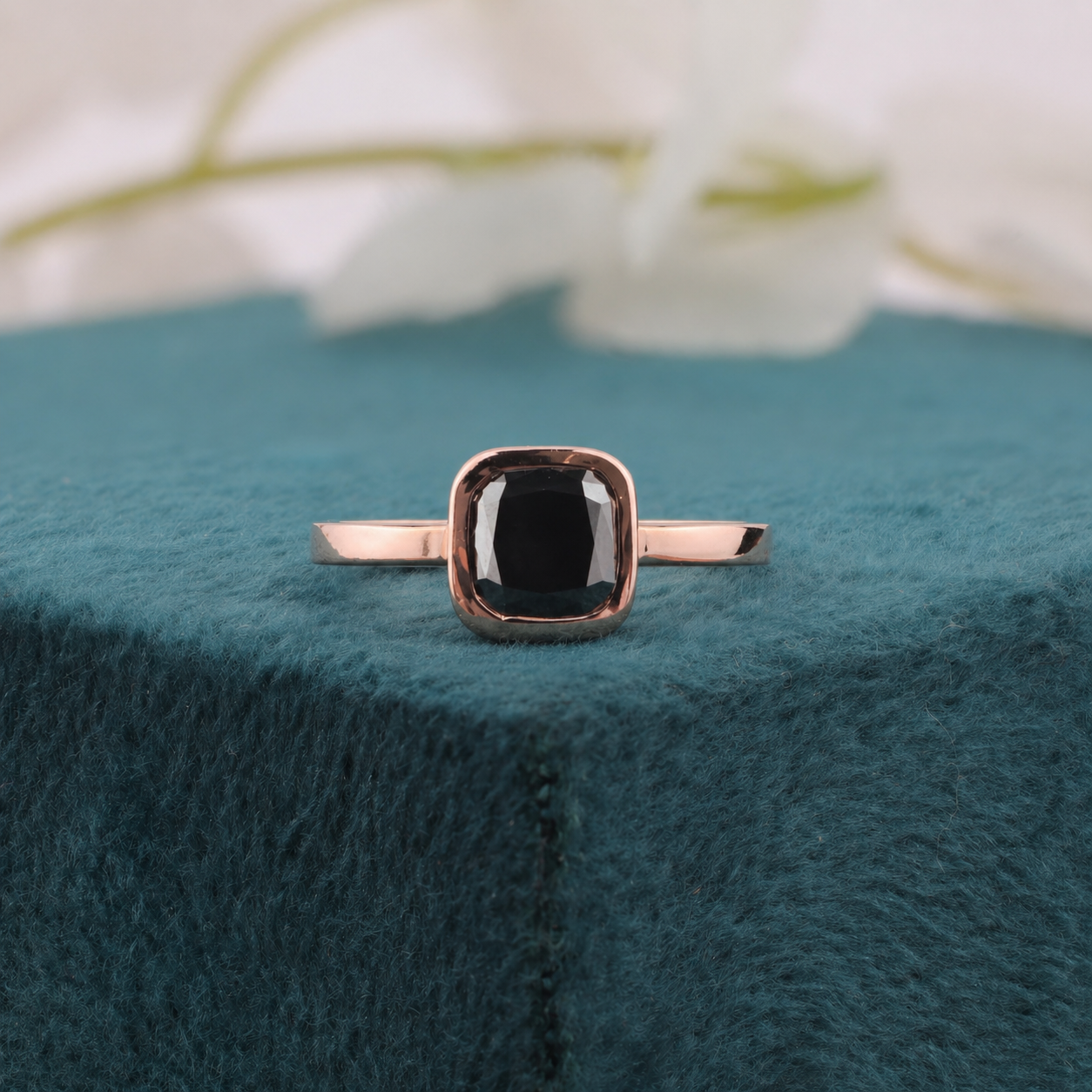 Cushion Black Diamond Ring – Bold Geometric in Rose Gold