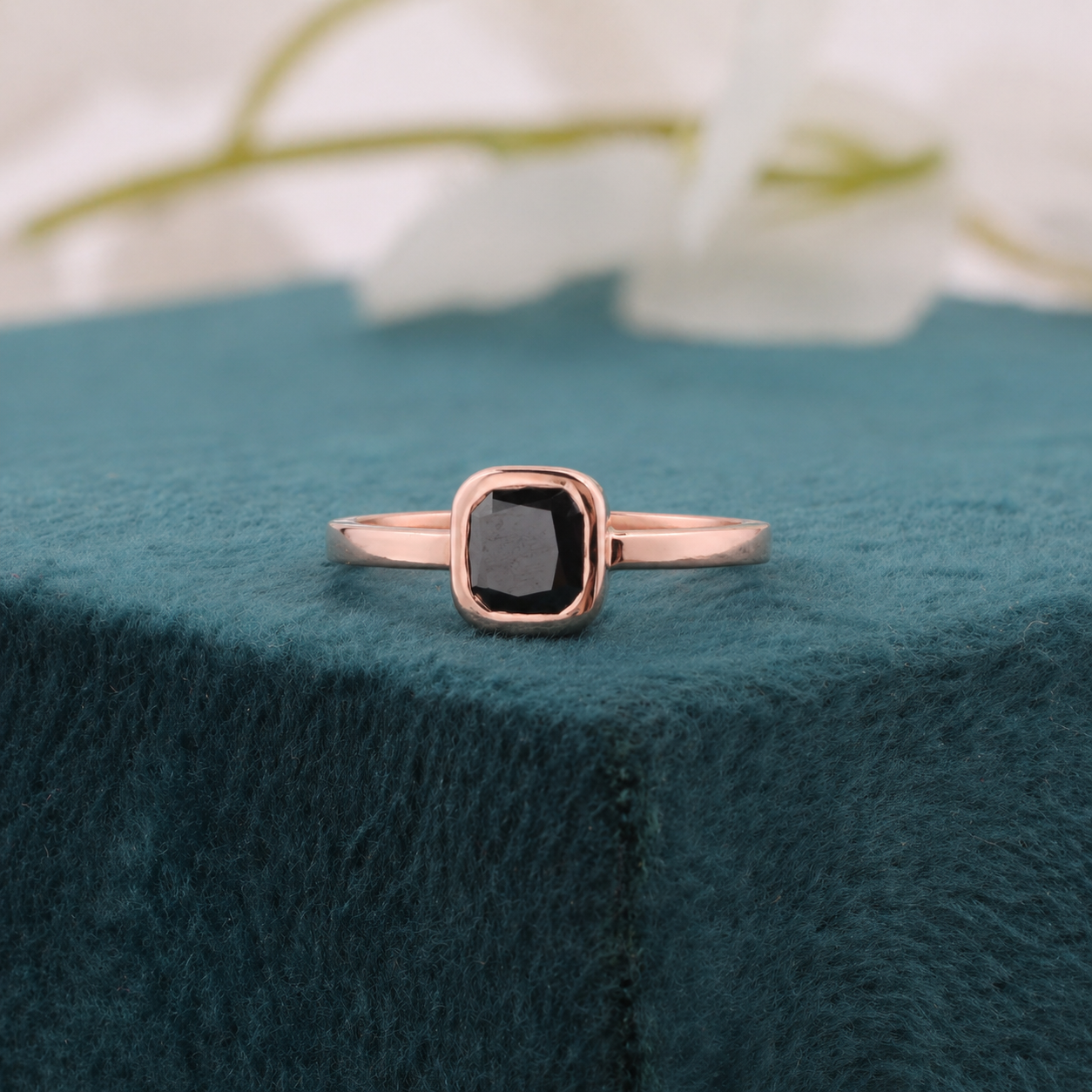 Cushion Black Diamond Ring – Bold Geometric in Rose Gold
