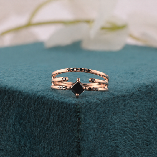 Princess Cut Black Diamond Ring – Bold Rose Gold Triple Band