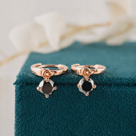 Black Diamond Drop Hoop Earrings – Elegant Rose Gold Style