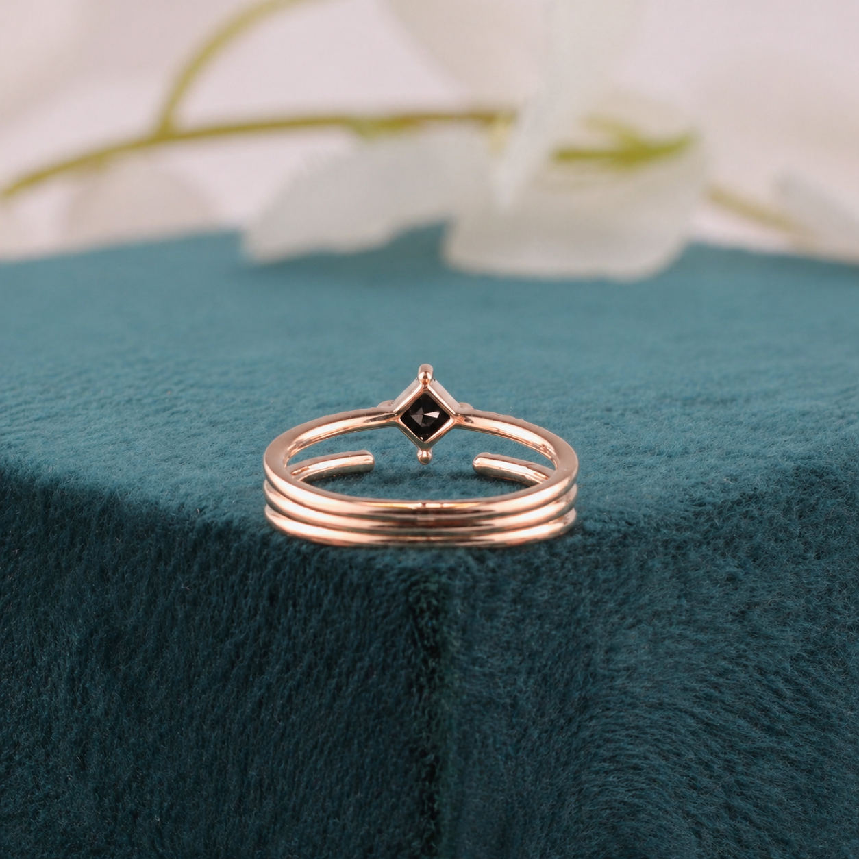 Princess Cut Black Diamond Ring – Bold Rose Gold Triple Band